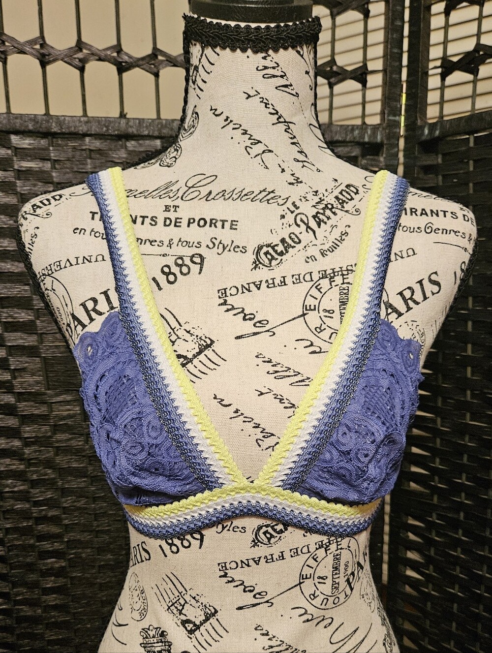 Lace Triangle Bralette in Periwinkle with Yellow Trim